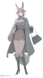  1girl absurdres alternate_costume animal_ear_fluff animal_ears arm_out_of_sleeve bag black_boots boots breasts brown_skirt closed_mouth coat commentary do_brando fox_ears fox_girl fox_tail full_body grey_coat grey_shirt hair_ornament hand_on_own_hip high-waist_skirt high_heel_boots high_heels highres holding holding_bag hsin_(wuthering_waves) large_breasts long_hair long_sleeves looking_at_viewer orange_eyes shirt shirt_tucked_in simple_background skirt solo tail turtleneck turtleneck_shirt twitter_username white_background wuthering_waves 