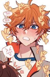  ! !? 2boys ahoge akehoshi_subaru blue_eyes blush brown_hair brown_jacket colored_speech_bubble commentary ensemble_stars! hair_between_eyes high_collar jacket looking_at_another male_focus morisawa_chiaki multiple_boys neki_(nekiansu0918) notice_lines official_alternate_costume open_clothes open_jacket open_mouth orange_hair short_hair simple_background speech_bubble spoken_exclamation_mark spoken_expression sweat white_background 