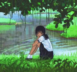  1girl black_eyes black_hair black_sailor_collar black_shoes black_skirt chinese_commentary commentary_request full_body grass head_on_hand highres knees_up leaf looking_at_viewer original outdoors plant rain realyangtuo river riverbank sailor_collar school_uniform serafuku shirt shoes short_sleeves sitting skirt slice_of_life socks solo turning_head vines water wet wet_clothes wet_shirt white_socks 