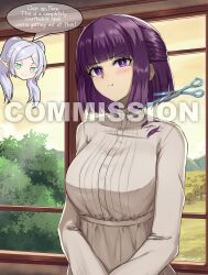  2girls alternate_hair_length_(shorter) commission commissioner_upload cutting_hair dress fern_(sousou_no_frieren) fgsketch frieren highres multiple_girls pout purple_hair scissors smug sousou_no_frieren village violet_eyes watermark white_dress 