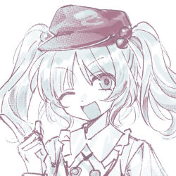  1girl chinese_commentary collared_shirt commentary_request frilled_shirt_collar frills hair_bobbles hair_ornament hat kawashiro_nitori looking_at_viewer monochrome one_eye_closed open_mouth shirt smile solo touhou two_side_up upper_body y_h 