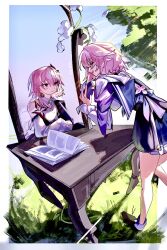  2girls back_ribbon black_dress black_flower black_shoes blue_jacket blue_skirt blue_sky book border camera chest_of_drawers closed_eyes commentary_request cropped_jacket desk different_reflection dress dual_persona earrings evernight_(honkai:_star_rail) flower fukafuka_ekaki full_body grass hair_flower hair_ornament hairclip highres holding holding_camera honkai:_star_rail honkai_(series) jacket jewelry long_sidelocks looking_at_another march_7th_(honkai:_star_rail) medium_hair mirror multiple_girls open_book outdoors pink_flower pink_hair red_eyes red_flower reflection shirt shoes sidelocks single_earring skirt sky tree two-tone_dress two-tone_flower white_border white_dress white_flower white_shirt 