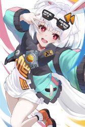  1girl ananta animal_ears aqua_jacket black-framed_eyewear black_jacket commentary_request file112056 grey_hair highres jacket looking_at_viewer multicolored_jacket open_mouth pixel_sunglasses rabbit_ears rabbit_girl shirt shoes short_eyebrows smile solo sunglasses taffy_(ananta) tan teeth two-tone_jacket upper_teeth_only v v_over_eye white_shirt yellow_shoes 