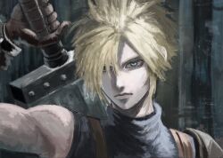  1boy armor blonde_hair blue_eyes blue_sweater brown_gloves buster_sword closed_mouth cloud_strife commentary final_fantasy final_fantasy_vii final_fantasy_vii_remake gloves hair_between_eyes hand_up highres holding holding_sword holding_weapon luilo13t male_focus short_hair shoulder_armor single_bare_shoulder sleeveless sleeveless_turtleneck solo spiky_hair suspenders sweater sword sword_on_back turtleneck turtleneck_sweater upper_body weapon weapon_on_back 
