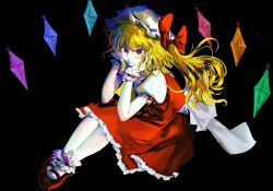  1girl ascot back_bow black_background blonde_hair bow collared_shirt crystal crystal_wings cyyyk flandre_scarlet frilled_shirt_collar frilled_skirt frills full_body hands_on_own_cheeks hands_on_own_face hat hat_bow highres looking_at_viewer mary_janes mob_cap multicolored_wings one_side_up red_bow red_eyes red_shoes red_skirt red_vest shirt shoes simple_background sitting skirt skirt_set socks solo touhou vest white_bow white_hat white_shirt white_socks wings yellow_ascot 