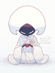  alternate_costume arthropod_girl black_skin closed_eyes colored_skin cup hat highres hollow_knight hollow_knight:_silksong japanese_clothes kimono lace_(hollow_knight) oru_(0ruru_0ru95) sakazuki simple_background sitting white_background white_eyes white_hat white_kimono wide_sleeves 