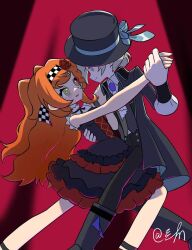  2girls artist_name ascot black_boots black_coat black_dress black_hat black_pants black_ribbon black_vest blue_bow boater_hat boots bow chinese_commentary coat commentary_request dancing dress flower green_eyes grey_hair hair_bun hair_flower hair_ornament hand_on_another's_back hat hat_bow highres holding_hands long_hair multiple_girls neck_ribbon official_alternate_costume orange_hair pants red_background red_flower red_rose reverse:1999 ribbon rose shirt short_hair simao_riderrrrr single_side_bun sleeveless sleeveless_dress sonetto_(reverse:1999) two_side_up vertin_(reverse:1999) vest waltz_(dance) white_ascot white_shirt 