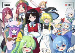  6+girls :d ;d ^_^ absurdres ahoge apron ascot bat_wings battery_indicator beret bing_jing_de_bing_wu black_bow black_dress black_hat black_ribbon black_vest blonde_hair blue_bow blue_dress blue_eyes blue_hair blush bow braid brown_hair chair chinese_commentary cirno closed_eyes closed_mouth collared_shirt commentary_request crescent crescent_hat_ornament crossed_arms crystal crystal_wings daiyousei demon_wings detached_sleeves dress embodiment_of_scarlet_devil flandre_scarlet frilled_shirt_collar frills green_bow green_eyes green_hair green_hat green_vest grey_hair hair_bow hair_ribbon hair_tubes hakurei_reimu hat hat_bow hat_ornament hat_ribbon head_wings heart heart_hands heart_hands_duo highres hong_meiling izayoi_sakuya kirisame_marisa koakuma long_hair looking_at_viewer maid maid_headdress mob_cap multicolored_wings multiple_girls neck_ribbon necktie official_alternate_costume on_chair one_eye_closed open_mouth patchouli_knowledge pinafore_dress pink_hat pink_shirt pointy_ears puffy_short_sleeves puffy_sleeves purple_hair recording red_ascot red_bow red_eyes red_hair red_necktie red_ribbon red_skirt red_vest remilia_scarlet ribbon ribbon-trimmed_sleeves ribbon_trim rumia shirt short_sleeves side_braid single_braid skirt skirt_set sleeveless sleeveless_dress smile star_(symbol) star_hat_ornament striped_clothes striped_dress thumbs_up touhou twin_braids v vertical-striped_clothes vertical-striped_dress vest viewfinder violet_eyes waist_apron white_apron white_bow white_hat white_shirt wings witch_hat yellow_ascot yellow_bow yellow_eyes 