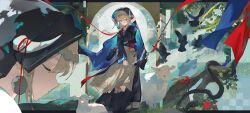  1girl absurdres bag bead_necklace beads bird blue_eyes branch brown_hair character_request copyright_request dress flag glasses highres jewelry linkai looking_at_viewer multiple_views necklace pendant ribbon sheep shoulder_bag sidelocks snake solo two-sided_fabric veil 