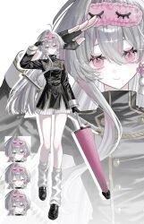  1girl absurdres ahoge black_gloves black_jacket closed_mouth commentary earrings fingerless_gloves full_body gloves grey_hair highres hist_sg holding jacket jewelry long_hair long_sleeves looking_at_viewer mask mask_on_head multiple_expressions multiple_views original pink_eyes pleated_skirt salute shoes skirt smile socks sword umbrella untranslatable_commentary weapon white_skirt 