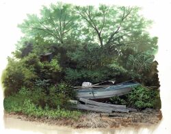  absurdres boat border building bush commentary_request fading_border highres leaf no_humans original scenery tree watercraft white_background white_border yk_funa 