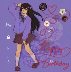  1girl black_hair buttons commentary flower happy_birthday highres loafers long_hair mari_(faraway)_(omori) mari_(omori) omori one_eye_closed peachii32172 pleated_skirt school_uniform shoes skirt 