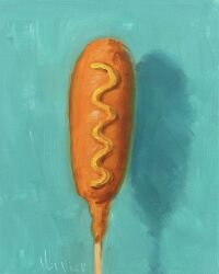  artist_name blue_background commentary corn_dog english_commentary food food_focus highres mustard no_humans noah_verrier oil_painting_(medium) original painting_(medium) shadow simple_background still_life traditional_media 