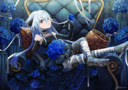  1girl armchair bandaged_arm bandaged_leg bandages bare_shoulders black_dress blue_flower blue_hair blue_rose chair chlora_imasayo commentary_request crossed_legs dress elbow_gloves flat_chest flower gloves heterochromia highres indie_virtual_youtuber lace lace_dress lace_pantyhose long_hair looking_at_viewer loose_bandages original pantyhose parted_lips red_eyes rose sitting solo white_eyes yokomori_jizeru 