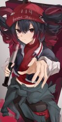 1girl baseball_bat baseball_hat black_hair drill_hair hat kasane_teto kasane_teto_(sv) minimum7777777 red_shirt shirt_around_waist synthesizer_v yararara_(synthesizer_v)