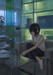  1girl absurdres an_yb black_eyes black_hair black_pants breasts cd_player cd_walkman chair commentary cup drinking_glass easy_chair headphones highres indoors on_chair original pants shirt short_hair sleeveless sleeveless_shirt small_breasts socks solo untranslatable_commentary white_shirt white_socks 