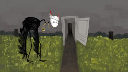  bandages bird commentary_request creature creature_focus debbie_kimm doorway field highres judgement_bird lobotomy_corporation no_humans no_lineart project_moon scales standing 