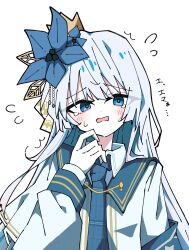  1girl absurdres alternate_color armband black_shirt blue_armband blue_eyes blue_flower blue_necktie capelet collared_shirt commentary_request crown flower hair_flower hair_ornament highres inverted_colors kei_(k_eii0) long_hair long_sleeves looking_at_viewer mahou_shoujo_no_majo_saiban mini_crown necktie nikaido_hiro plaid_clothes plaid_necktie shirt side_capelet simple_background solo upper_body white_background white_capelet white_hair white_shirt 