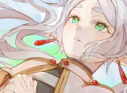  1girl abstract_background aqua_eyes capelet earrings elf frieren grey_hair hair_spread_out jewelry long_hair long_pointy_ears looking_ahead lying middle_part on_back own_hands_clasped own_hands_together parted_bangs parted_lips partially_shaded_face pointy_ears reinooekaki11 sidelocks solo sousou_no_frieren teardrop_earrings thick_eyebrows upper_body white_capelet 