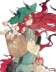  1boy arknights bead_bracelet bead_necklace beads bracelet colored_extremities curtained_hair dragon_boy dragon_horns fish fish_ornament flower flower_basket forked_eyebrows green_jacket horns jacket jewelry lily_pad_on_head long_hair looking_at_viewer male_focus mei_ren necklace official_alternate_costume open_clothes open_jacket pointy_ears ponytail red_eyes red_hair shirt solo very_long_hair white_shirt yu_(arknights) yu_(clear_morning_view)_(arknights) 
