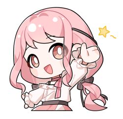  1girl artist_request bare_shoulders belt black_belt black_bow black_ribbon blush_stickers bow bow_choker bowtie bra_strap bright_pupils brown_eyes chibi choker cropped_legs eyes_visible_through_hair frilled_shirt frilled_sleeves frills hair_bow hair_ribbon happy infinity_nikki layered_skirt long_hair long_sleeves low_twintails nikki_(nikki) nikki_(series) off-shoulder_shirt off_shoulder official_art open_mouth outstretched_arms perfect_start_(infinity_nikki) pink_bow pink_bowtie pink_choker pink_hair pink_skirt pleated_skirt puffy_long_sleeves puffy_sleeves ribbon shirt sidelocks simple_background single_stripe skirt sleeves_past_wrists smile solo star_(symbol) sticker_(medium) striped_bow striped_bowtie striped_choker striped_clothes tareme transparent_background tress_ribbon twintails very_long_hair wavy_hair white_pupils white_shirt 