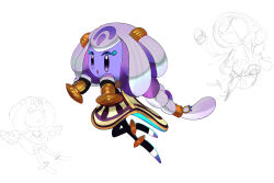  1girl absurdres black_gloves braid braided_ponytail colored_skin gloves hands_on_own_face highres kirby_(series) kirby_and_the_world_beyond looking_at_viewer multicolored_hair purple_hair purple_skin rayman_limbs simple_background solo two-tone_hair white_background white_hair winpuss 