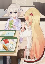  2girls absurdres blonde_hair brown_thighhighs commentary_request crumbs cup disposable_cup drinking_straw eating fast_food food french_fries gradient_hair highres holding holding_cup hololive hololive_dev_is indoors jacket long_hair long_sleeves looking_at_another multicolored_hair multiple_girls open_mouth orange_hair otonose_kanade otonose_kanade_(1st_costume) piano_print purple_hair restaurant short_hair sitting streaked_hair thigh-highs todoroki_hajime todoroki_hajime_(1st_costume) two_side_up ure_58n violet_eyes virtual_youtuber white_jacket 