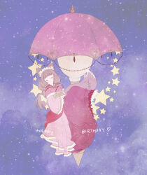  1girl animal_ear_fluff animal_ears beads blush brown_hair check_commentary closed_eyes commentary_request dress fox_ears fox_girl fox_tail frilled_headwear full_body hair_beads hair_ornament happy_birthday headband heart highres long_dress long_hair long_sleeves maho_(princess_connect!) medium_sidelocks obi obijime own_hands_together pink_dress pink_umbrella princess_connect! sash sleeping smile solo star_(sky) star_(symbol) starry_sky_background tail umbrella wagasa_(wagasa1115) white_headband 
