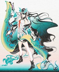  1girl absurdres aqua_background arknights bead_bracelet beads black_boots black_gloves black_hair black_jacket boots bracelet breasts chinese_commentary closed_eyes closed_mouth commentary_request dragon dragon_girl dragon_horns dragon_tail dress dusk_(arknights) earrings eastern_dragon eastern_dragon_horns eastern_dragon_tail expressionless fiery_tail fire flame-tipped_tail full_body gloves gradient_background green_hair green_horns green_jacket hair_spread_out highres holding holding_scroll horns jacket jewelry long_hair lyylinkong medium_breasts multicolored_jacket necktie off_shoulder open_clothes open_jacket patterned_hair pointy_ears prayer_beads red_necktie scroll short_dress simple_background sleeveless sleeveless_dress solo standing tail tassel tassel_earrings traditional_media two-tone_jacket very_long_hair white_background white_dress 