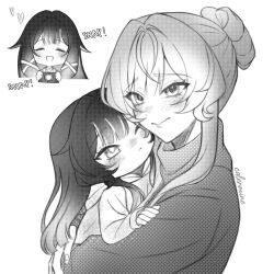  3girls blush calermine camera child closed_eyes closed_mouth columbina_(genshin_impact) commentary english_commentary genshin_impact greyscale hair_between_eyes hair_bun hair_ribbon heart highres holding holding_camera if_they_mated long_hair long_sleeves looking_at_another monochrome mother_and_child mother_and_daughter multiple_girls one_eye_closed parent_and_child ribbon sandrone_(genshin_impact) science_babies signature simple_background smile turtleneck white_background 