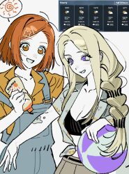  2girls ball beachball blonde_hair braid breasts commentary_request hair_ornament hairclip holding holding_ball holding_beachball long_hair lotion medium_hair multiple_girls orange_eyes orange_hair original pankepen short_sleeves single_braid sunscreen upper_body violet_eyes 