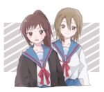  2girls bangs blue_sailor_collar blue_skirt blush brown_cardigan brown_hair cardigan closed_mouth collarbone commentary_request enso_doraiba genderswap genderswap_(mtf) hair_between_eyes hand_on_another&#039;s_shoulder kita_high_school_uniform koizumi_itsuki_(female) kyonko long_hair long_sleeves looking_at_viewer multiple_girls open_cardigan open_clothes open_mouth ponytail red_ribbon ribbon sailor_collar school_uniform serafuku skirt smile suzumiya_haruhi_no_yuuutsu upper_body 