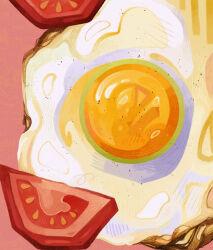  absurdres analogous_colors breakfast close-up commentary egg egg_(food) egg_yolk english_commentary film_grain food food_focus fried_egg hatching_(texture) highres no_humans original pepper_(spice) pink_background quezify seed simple_background still_life tomato tomato_slice warm_colors 