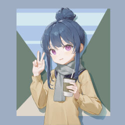  1girl blue_background blue_hair blue_sailor_collar cup disposable_coffee_cup disposable_cup grey_scarf gu_xiao_mo hair_bun holding holding_cup long_sleeves looking_at_viewer motosu_school_uniform open_mouth sailor_collar scarf school_uniform serafuku shima_rin single_hair_bun smile solo sweater upper_body v violet_eyes yellow_sweater yurucamp 