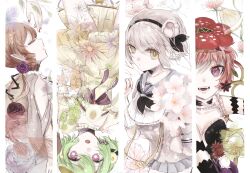  4girls absurdres black_hairband closed_eyes commentary_request dress flower frilled_dress frills fukuroi_marika gamo_tako green_hair grey_skirt hair_flower hair_ornament hairband highres magical_daisy magical_girl mahou_shoujo_ikusei_keikaku mahou_shoujo_ikusei_keikaku_jokers mahou_shoujo_ikusei_keikaku_restart melville_(mahoiku) multiple_girls orange_hair pleated_skirt pointy_ears red_flower rose sailor_collar school_uniform short_hair skirt snow_white_(mahoiku) upside-down violet_eyes white_flower yellow_eyes 