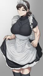  1girl absurdres apron badasengsu black_dress black_thighhighs brown_hair closed_eyes clothes_lift commentary_request curtsey dress enmaided frilled_apron frilled_dress frills highres korean_commentary maid maid_apron maid_headdress muscular muscular_arms muscular_female original ponytail short_hair short_sleeves side_ponytail skirt skirt_lift smile solo thigh-highs turtleneck waist_apron white_apron 