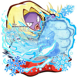  04sora40 blonde_hair clenched_hand colored_skin commentary_request ice ice_punch_(pokemon) jynx no_humans open_mouth pokemon pokemon_(creature) pokemon_focus pokemon_move purple_skin simple_background snowflakes solo white_background 