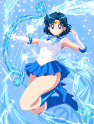  1girl armpits back_bow birthday bishoujo_senshi_sailor_moon blue_choker blue_eyes blue_hair blue_sailor_collar blue_skirt boots bow choker commentary_request elbow_gloves gloves happy_birthday highres looking_at_viewer mercury_harp mizuno_ami pirochi pleated_skirt sailor_collar sailor_mercury sailor_senshi_uniform short_hair skirt smile solo white_gloves 