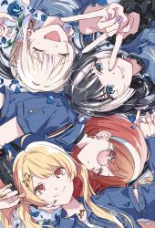  4girls ahoge black_hair blonde_hair blue_eyes blue_flower blue_jacket blue_rose closed_eyes closed_mouth commentary_request denim denim_jacket earrings eyewear_on_head flower from_above glasses hair_ornament hairband highres hololive hololive_dev_is ichijou_ririka ichijou_ririka_(flashpoint) jacket jewelry juufuutei_raden juufuutei_raden_(flashpoint) looking_at_viewer lying multicolored_hair multiple_girls musical_note musical_note_hair_ornament nail_polish official_alternate_costume official_alternate_hairstyle one_eye_closed open_mouth orange_eyes orange_hair otonose_kanade otonose_kanade_(flashpoint) purple_streaks red_eyes regloss_(hololive) rose saito_shiorii side-by-side smile streaked_hair todoroki_hajime todoroki_hajime_(flashpoint) twintails two-tone_hair v virtual_youtuber white_hair white_hairband yellow_nails 
