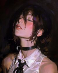  1girl black_background black_choker chainsaw_man choker closed_eyes closed_mouth collared_shirt grenade_pin grimmoraah hair_between_eyes highres necktie reze_(chainsaw_man) shirt short_hair sleeveless sleeveless_shirt solo solo_focus white_shirt 