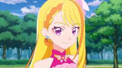  1girl animated animated_gif anime_screenshot arm_up blue_sky commentary cure_butterfly hijiri_ageha hirogaru_sky!_precure long_hair looking_at_viewer looping_animation lowres multicolored_hair one_eye_closed open_mouth outdoors precure sky smile solo tree upper_body v v_over_eye very_long_hair violet_eyes 