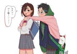  1boy 2girls alien ayase_momo backpack bag black_hair blue_jacket blush brown_eyes brown_hair charm_(object) checkered_clothes checkered_skirt closed_mouth clothes_on_shoulders commentary_request cowboy_shot crossed_bangs dandadan earrings from_side glasses gold_earrings green_hoodie grey_skirt gyaru hair_between_eyes hair_ornament hairclip hetero highres holding_sweater hood hoodie hoop_earrings j8s9x60873 jacket jewelry looking_at_another maneki-neko miniskirt multiple_girls official_alternate_costume open_clothes open_jacket open_mouth pink_sweater pleated_skirt red_scrunchie round_eyewear school_bag school_uniform scrunchie shirt short_hair shoulder_bag simple_background skirt smile speech_bubble sweater takakura_ken_(dandadan) translation_request turbo_granny_(dandadan) ufo white_background white_shirt wrist_scrunchie 