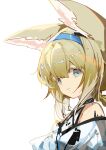  1girl animal_ear_fluff animal_ears arknights bangs bare_shoulders blonde_hair blue_eyes blue_hairband closed_mouth commentary english_commentary eyebrows_hidden_by_hair fox_ears hair_between_eyes hairband indai_(3330425) looking_at_viewer shirt simple_background solo suzuran_(arknights) white_background white_shirt 