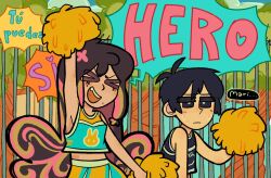 >_< 1boy 1girl :d alternate_costume alternate_hair_color alternate_hairstyle antenna_hair arm_up aubrey_(faraway)_(omori) aubrey_(omori) black_eyes black_hair blush bright_pupils cheerleader closed_eyes closed_mouth commentary_request crossdressing day holding holding_pom_poms long_hair multicolored_hair omori open_mouth outdoors pom_pom_(cheerleading) short_hair smile spanish_commentary spanish_text speech_bubble sunny_(omori) sweat teeth thought_bubble translation_request tree upper_teeth_only white_pupils xd xerotonink 