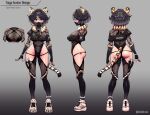 1girl animal_ears black_hair blue_eyes breasts clickdraws fishnets gloves highres large_breasts mask ninja reference_sheet shoes sneakers tail tiger_ears tiger_girl virtual_youtuber 
