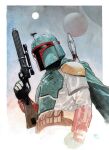  1boy armor boba_fett cape clenched_hand dike_ruan green_cape gun highres holding holding_gun holding_weapon jetpack male_focus mandalorian moon solo star_wars upper_body weapon 
