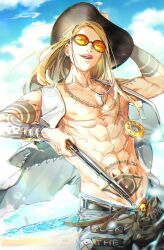  1boy abs beach blonde_hair blue_sky clouds commentary_request cowboy_hat cowboy_shot day fate/grand_order fate_(series) hat highres holding holding_weapon jewelry kanamuna long_hair looking_at_viewer male_focus medallion necklace ocean open_clothes open_mouth open_vest orange-tinted_eyewear outdoors sky smile solo sunglasses tattoo tezcatlipoca_(fate) tinted_eyewear toned toned_male tongue tongue_out vest weapon 