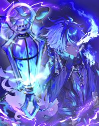  1boy absurdres antenna_hair artist_name belt black_belt black_gloves black_jacket blue_background blue_fire blue_hair capelet closed_mouth crossed_bangs electricity empty_eyes fire flins_(genshin_impact) genshin_impact gloves glowing glowing_eye hair_between_eyes hand_up highres holding holding_lantern jacket lantern long_hair long_sleeves looking_at_viewer male_focus multiple_belts pale_skin purple_capelet signature simple_background solo very_long_hair yellow_eyes yorumesi_j 