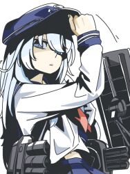  1girl blue_eyes blue_hat blue_sailor_collar blue_skirt closed_mouth commentary flat_cap hair_between_eyes hand_up hat hibiki_(kancolle) kantai_collection long_hair long_sleeves looking_at_viewer neckerchief nikakukei0 pleated_skirt red_neckerchief rigging sailor_collar school_uniform serafuku simple_background skirt solo white_background white_hair 