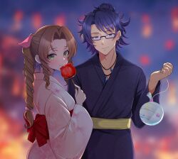  1boy 1girl :t aerith_gainsborough alternate_costume animal_print back_bow black_kimono blue_eyes blue_hair blurry blurry_background blush bow braid braided_ponytail brown_hair butterfly_print candy_apple closed_mouth commentary commission cowboy_shot eating festival final_fantasy final_fantasy_vii floral_print floral_print_kimono food forehead glasses green_eyes hair_between_eyes hair_bow highres holding holding_candy_apple holding_food japanese_clothes jewelry kimono long_hair long_sleeves looking_at_viewer medium_hair necklace night oc_x_canon original outdoors parted_bangs pink_bow pink_kimono ponytail print_kimono red_bow red_sash sash semi-rimless_eyewear sidelocks skeb_commission smile tsurime water_yoyo wavy_hair wide_sleeves yukata yuno_ff 